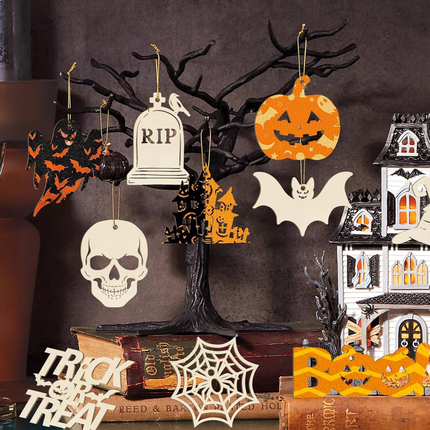 36PCS Wooden Halloween Ornaments to Paint Fall Decorations, 12 Styles DIY Blank Autumn Unfinished Wood Skull Pumpkin Ghost Bat Boo Trick or Treat Halloween Cutouts Ornament for Crafts Party Hanging