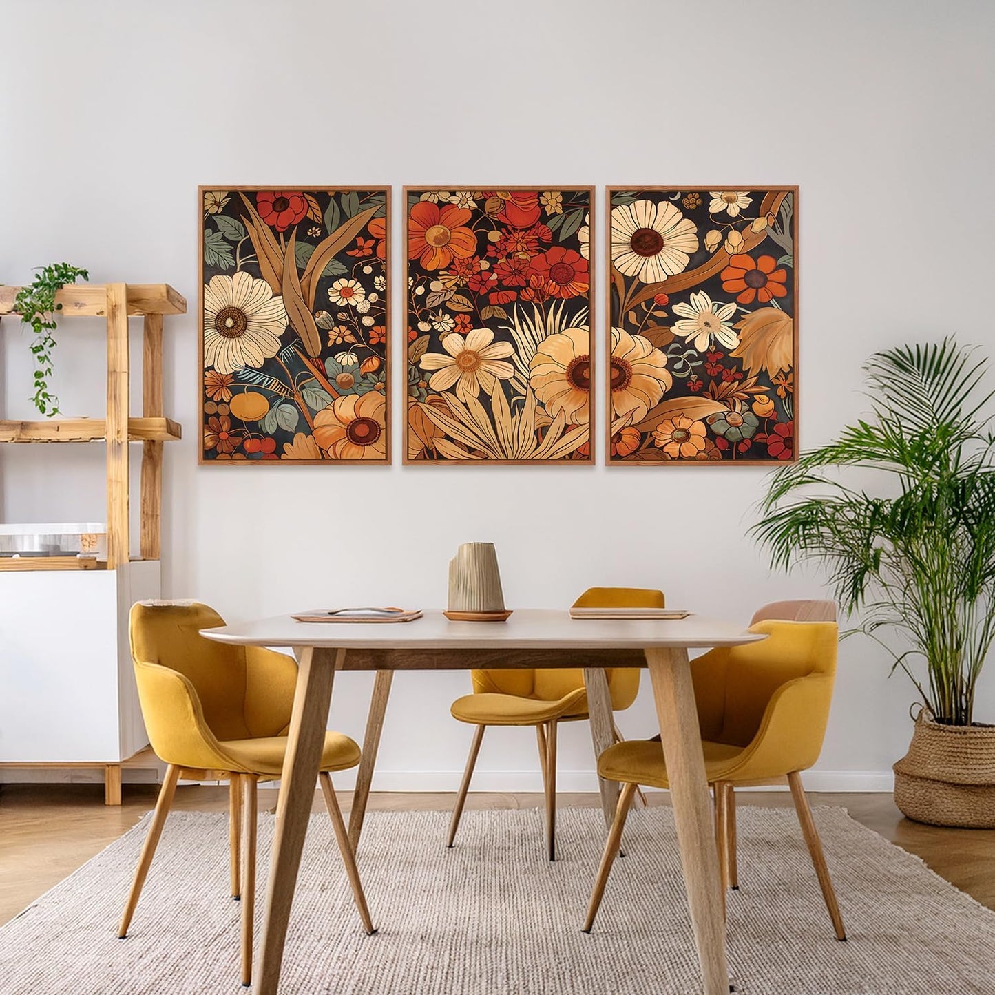 Aurlan Boho Burnt Orange Terracotta Wildflowers Framed Wall Art(24"x36"), 3 PCS Abstract Floral 3D Textured Canvas Artwork, Large Modern Vintage Botanical Nature Art Wall Decor for Home Office Living Room Bedroom