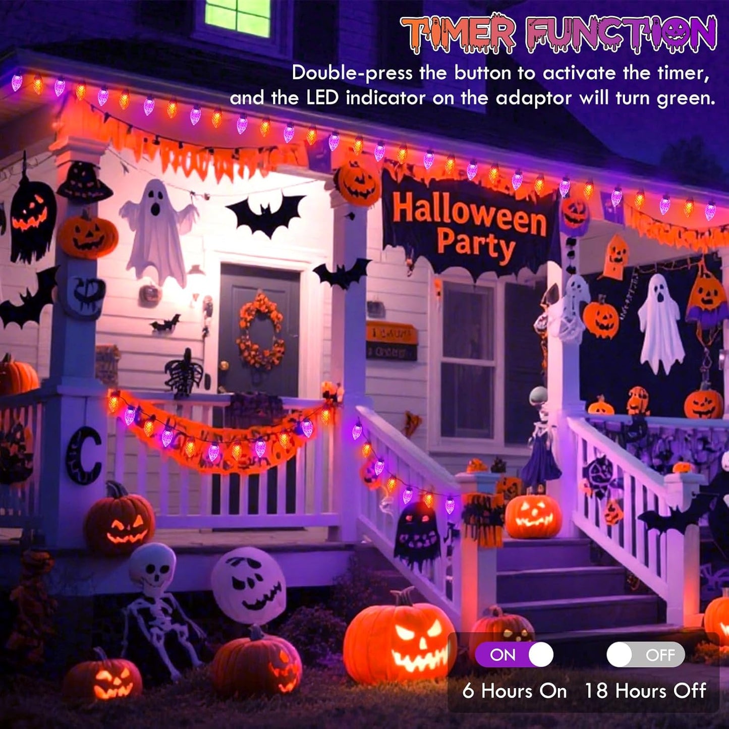 2PK 100 LED Purple and Orange C9 Halloween Lights Indoor Outdoor, Extendable 98FT C9 String Lights with 13 Modes & Timer, Waterproof Plug in Halloween Decorations for Tree Patio Fall Party Garden