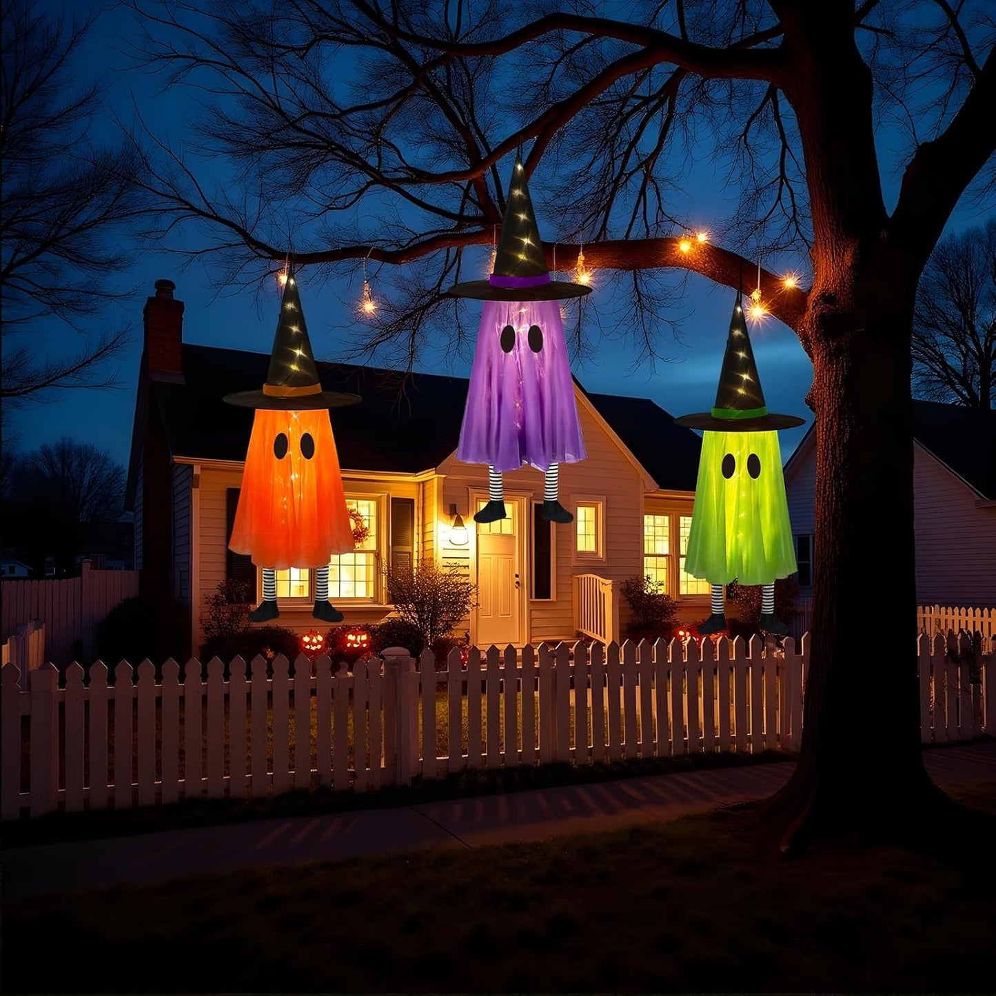 DAZONGE Halloween Decorations Outdoor, 3 Packs Hanging Ghost Halloween Decor with String Lights Battery Operated, Ghost Decor with with Hat for Home Yard Porch