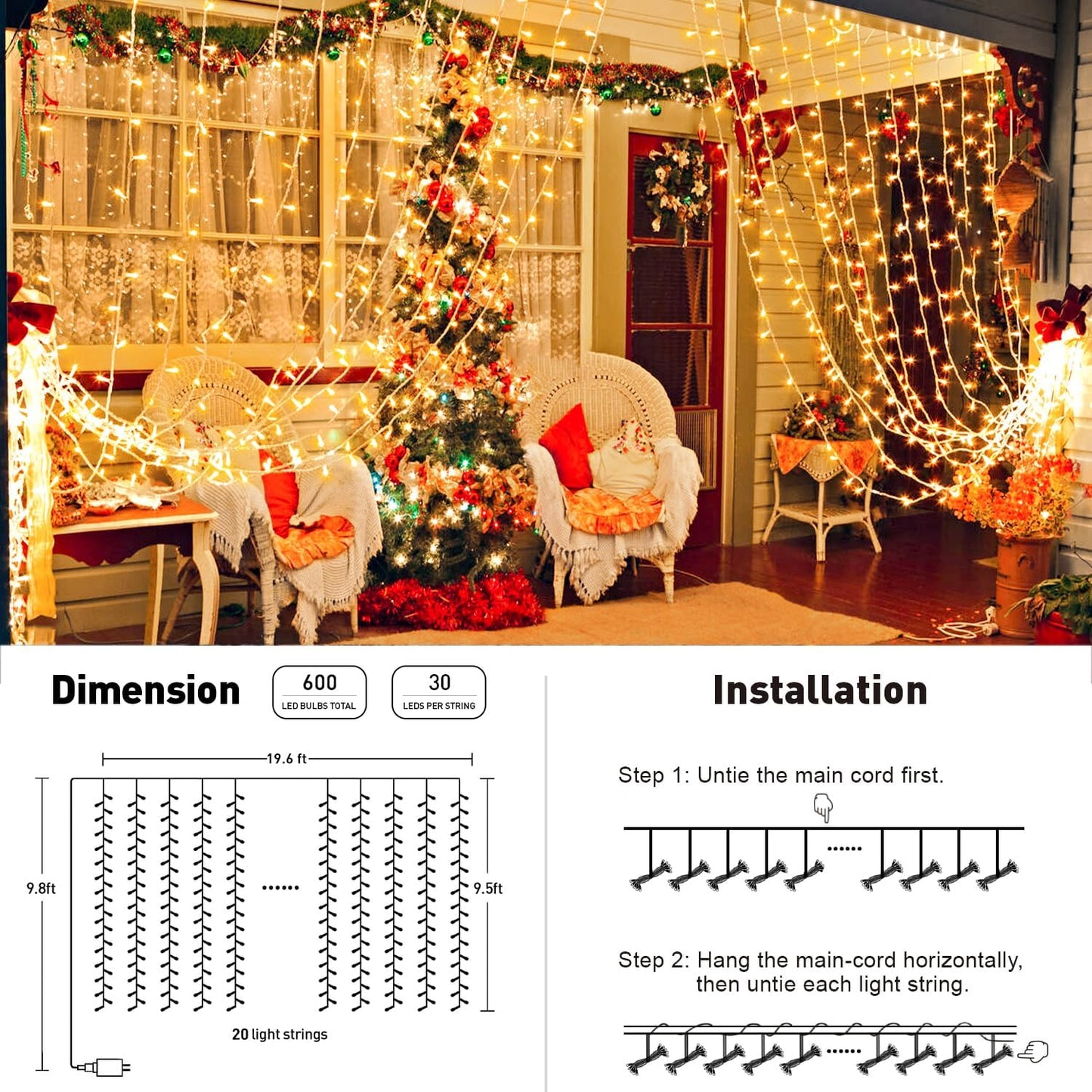 JMEXSUSS 600 LED Christmas Curtain Lights Outdoor, 9.5x19.6ft Christmas String Light Plug in with Remote, 8 Modes Wall Hanging Lights for Bedroom Party Backdrop Wedding Xmas Decor, Warm White