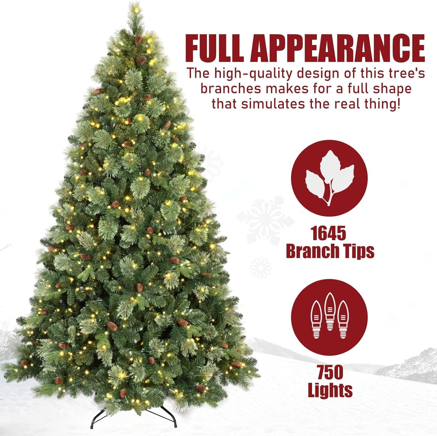 Kadunmina 8ft Prelit Christmas Tree, Artificial Carolina Pine Christmas Tree with 820 Warm White Lights, Pine Cones, 1897 Branch Tips and Metal Stand for Home, Office, Holiday Party Decoration