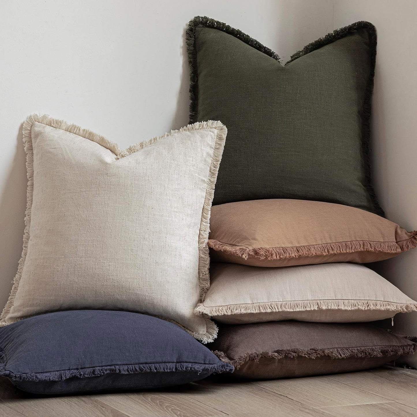 Foindtower Set of 2 Decorative Linen Fringe Throw Pillow Covers Farmhouse Cushion Cover with Tassels Accent Pillowcase for Couch Bed Sofa Living Room Home Bedroom Decor,12×24 Inch,Dark Olive Green