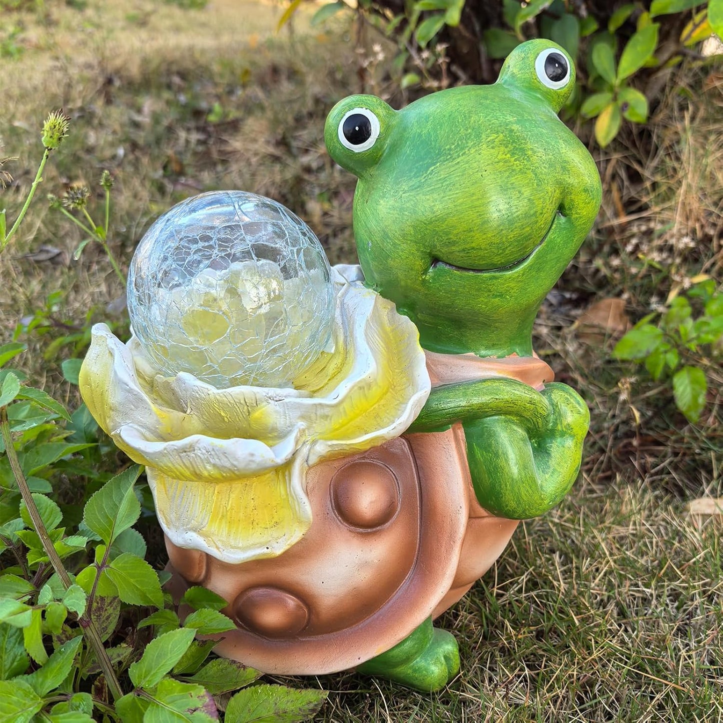 Solar Garden Turtle Statue with LED Light Decorative Cute Turtle Carrying Lantern Design Outdoor Lawn Ornament(Yellow Flower)