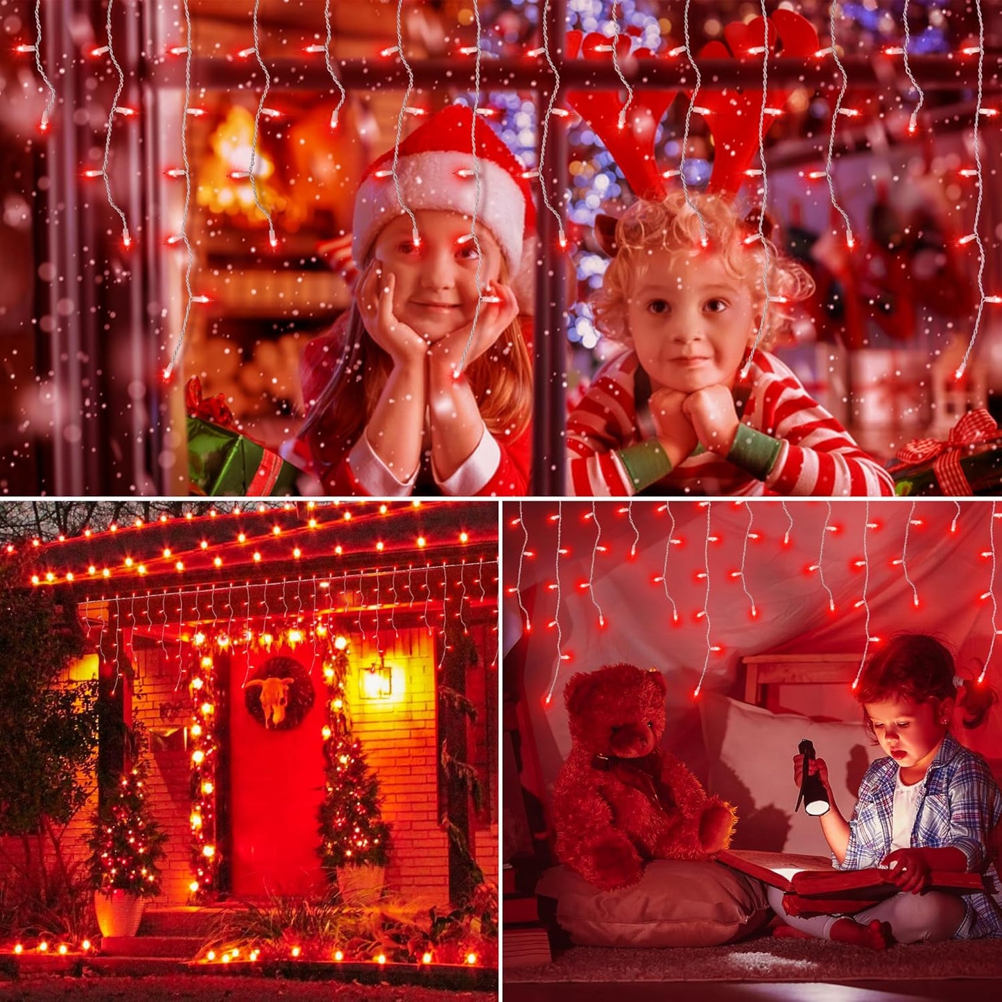 YOUNGAR 23FT 200 Icicle Christmas Lights, Waterproof Connectable Twinkle Fairy Lights for Indoor Outdoor Fireplace Wedding Decorations (Red)