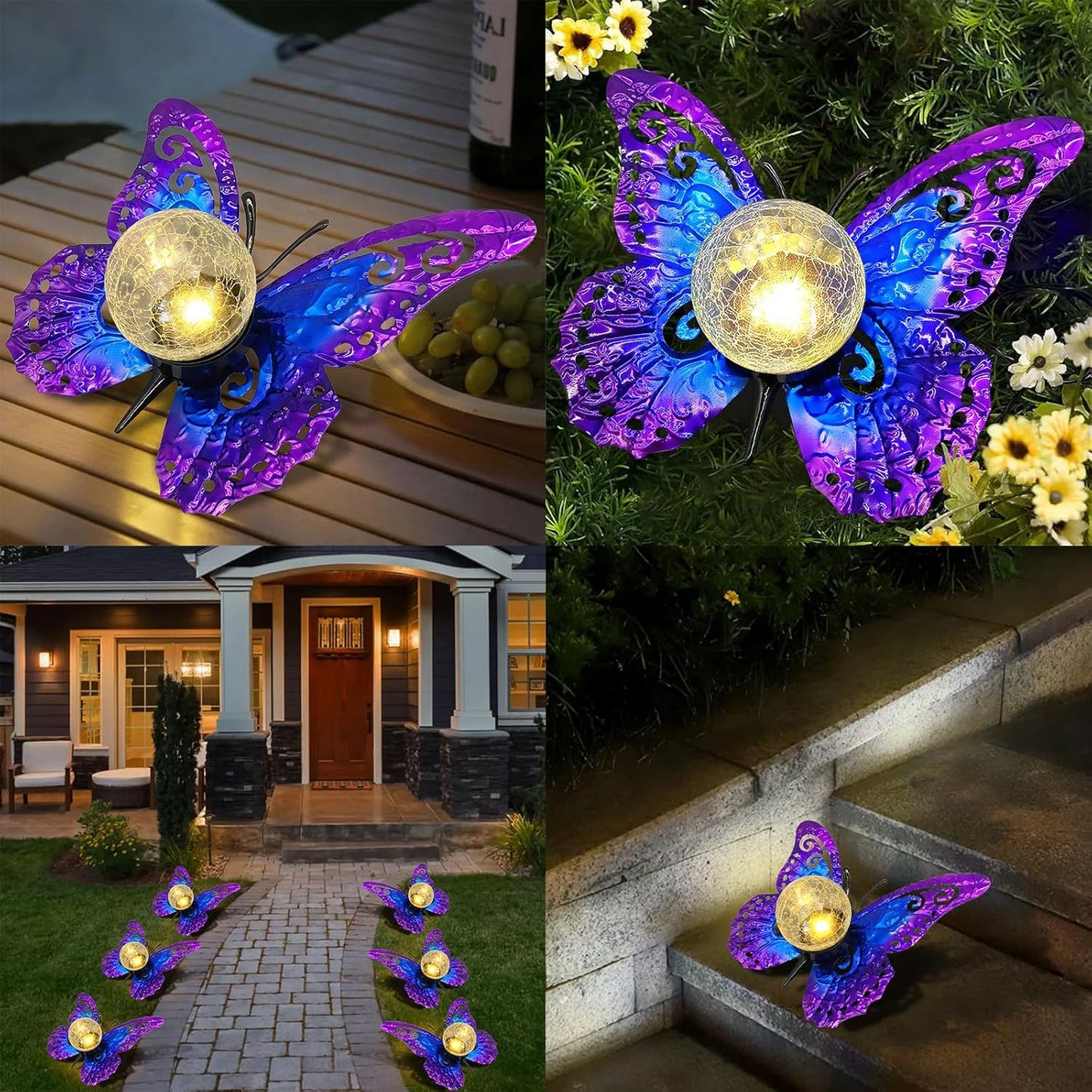 Solar Lights Outdoor Garden Butterfly Decor, Metal Butterfly Statue Decoration with LED Crackle Glass Globe, Solar Powered Lighted Garden Art Decor for Patio Lawn Yard Pathway Tabletop Ground