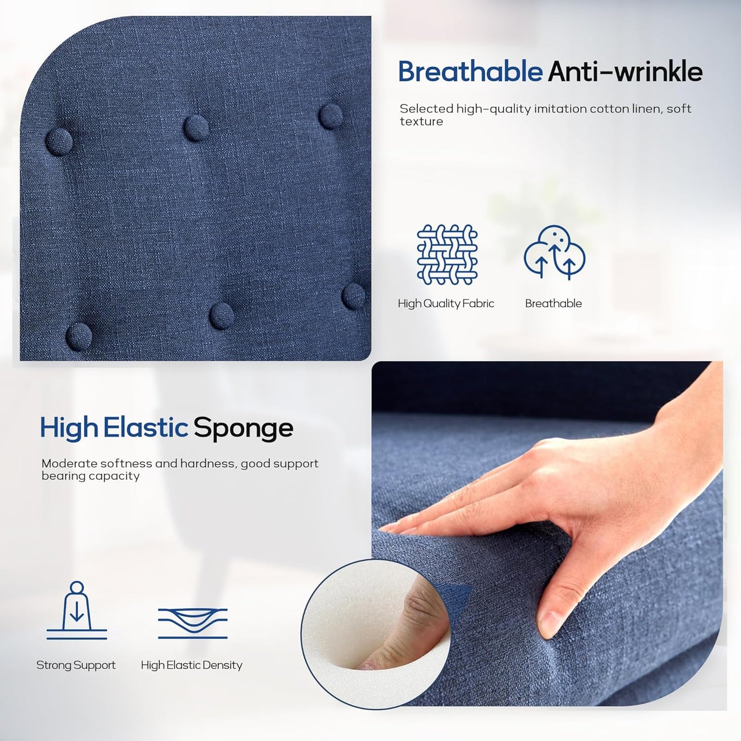 HUIMO Accent Chair Living Room Chair, Upholstered Button Tufted Armchair, Linen Fabric Sofa Chairs for Bedroom, Living Room, Mid Century Modern Comfy Reading Chair (Dark Blue)