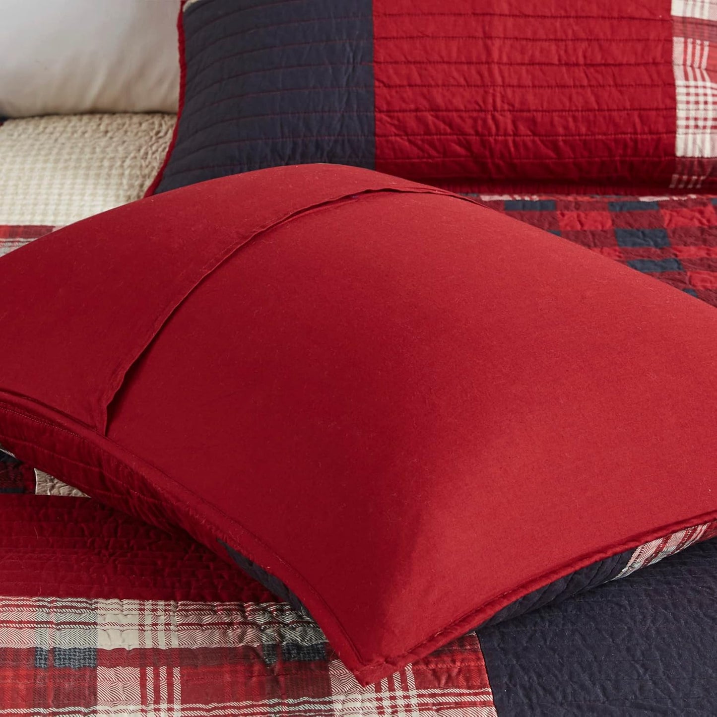 Woolrich Sunset Reversible Quilt Set - Cottage Styling Reversed to Solid Color, All Season Lightweight Coverlet, Cozy Bedding Layer, Matching Shams, Oversized King/Cal King, Plaid Red 3 Piece