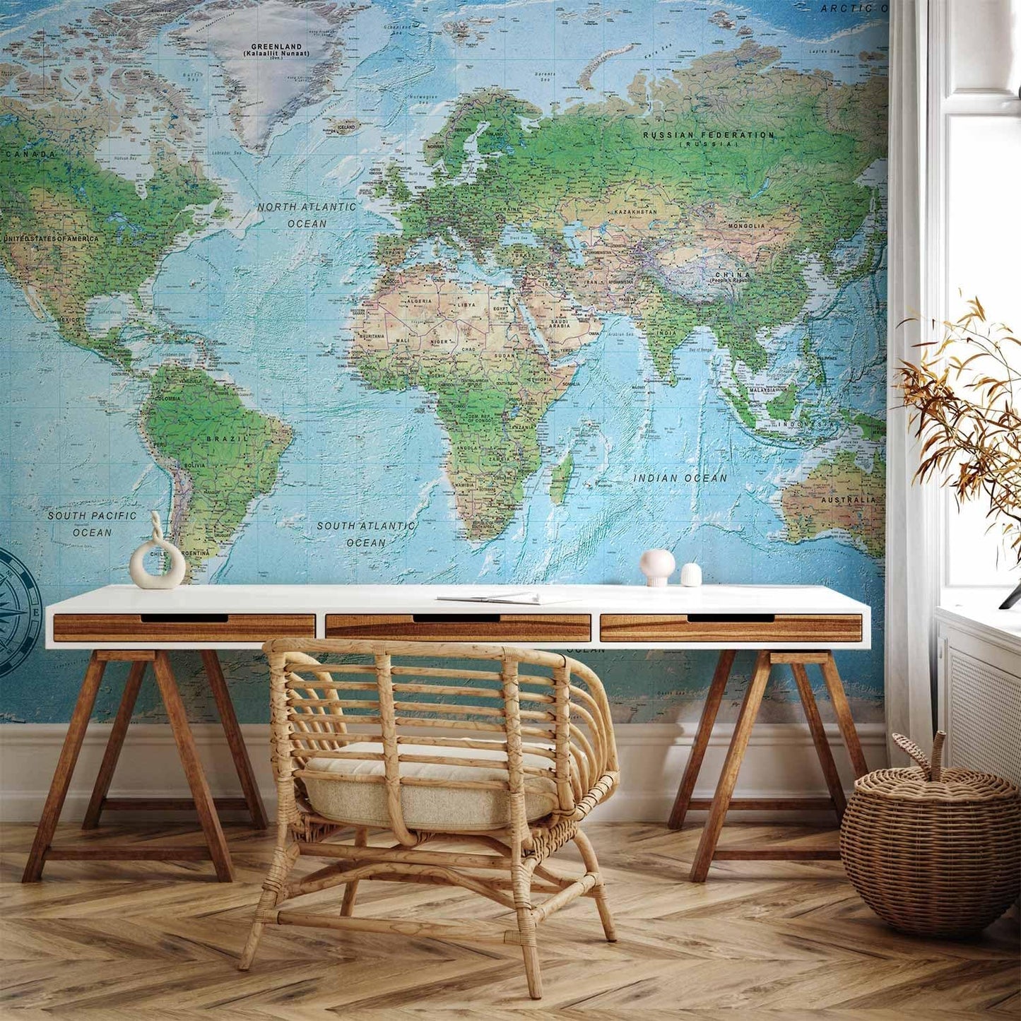 artgeist Premium Wall Mural World Map 138x101 in - XXL Non-Woven Wallpaper Fleece Wall Decor Photo Print Picture Image Design Home Map of The World k-A-0127-a-a