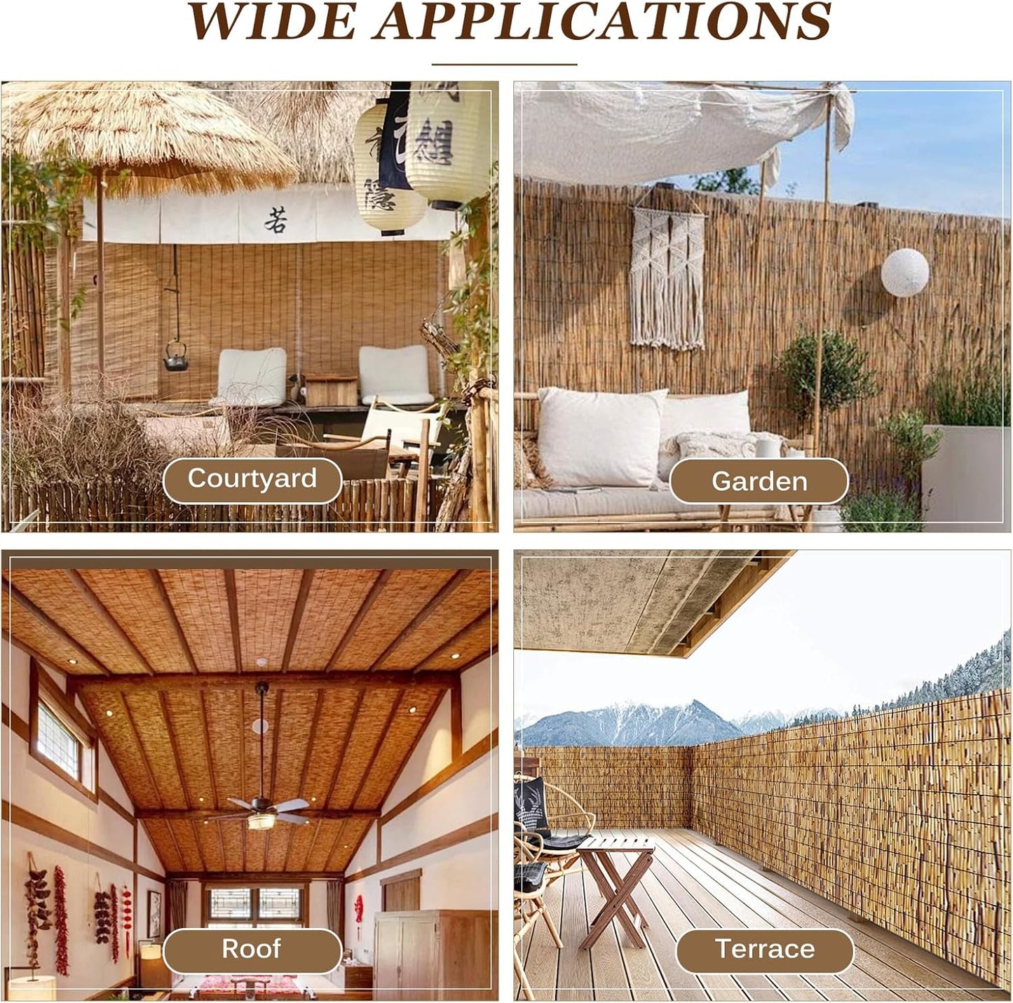 Natural Reed Fencing Rolls: Privacy Bamboo Fence 3/4/5/6ft High Roll Reed Screen, Decorative Bamboo Fencing for Outdoor Balcony Patio Garden Backyard,with Cable Zip Ties(Coffee, 3.3x16.4ft)