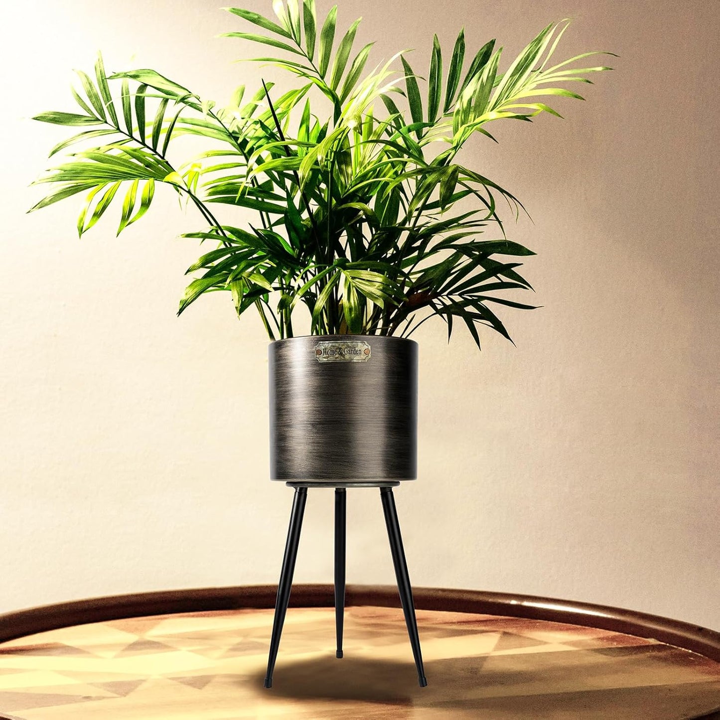 Harvest Land Plant Pots with Stand, Set of 2 Large Modern Planters Metal Tall Handmade Flower Pots with Drainage Holes Indoor Outdoor,Black