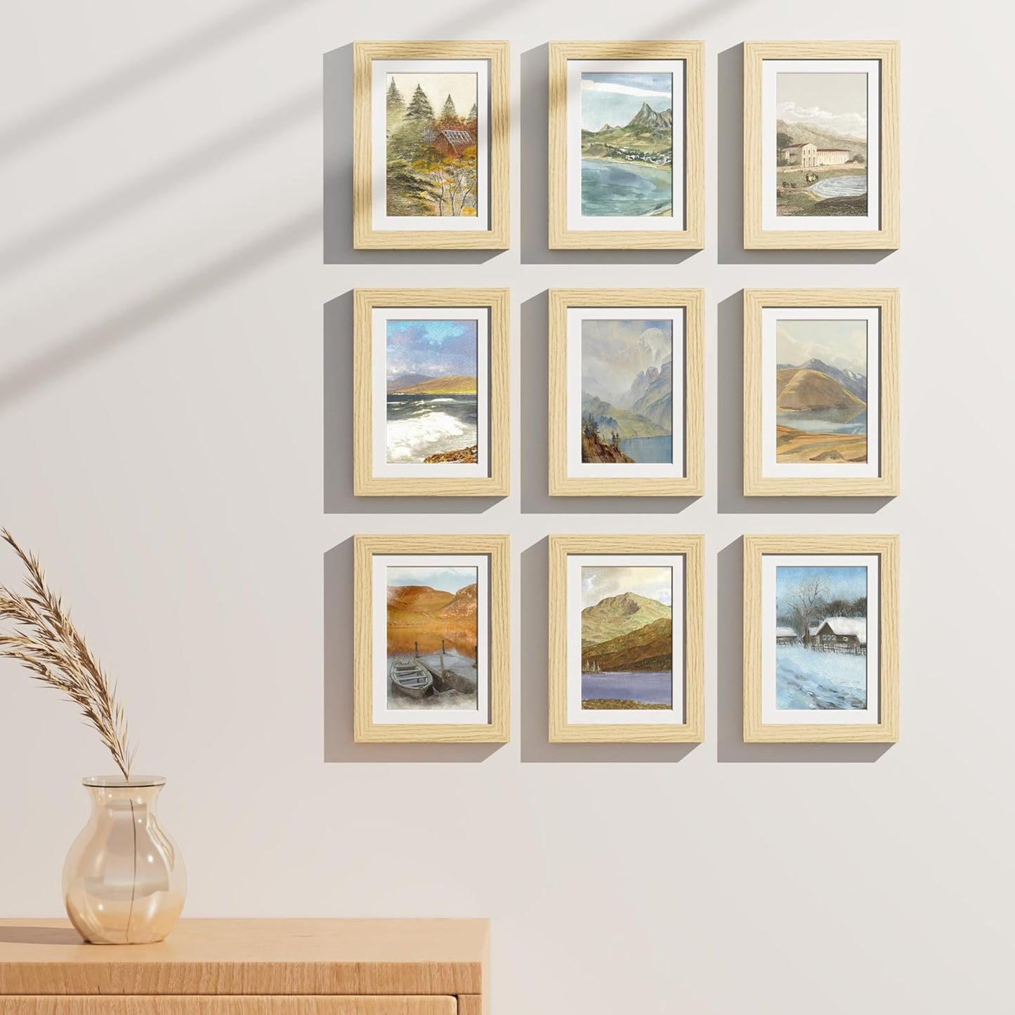 Vittanly 5x7 Picture Frames Set of 9, Shatter Resistant Plexiglass, Display 4x6 Pictures with Mat or 5x7 without Mat, Photo Frames for Wall or Tabletop, Engineered Wood, OAK