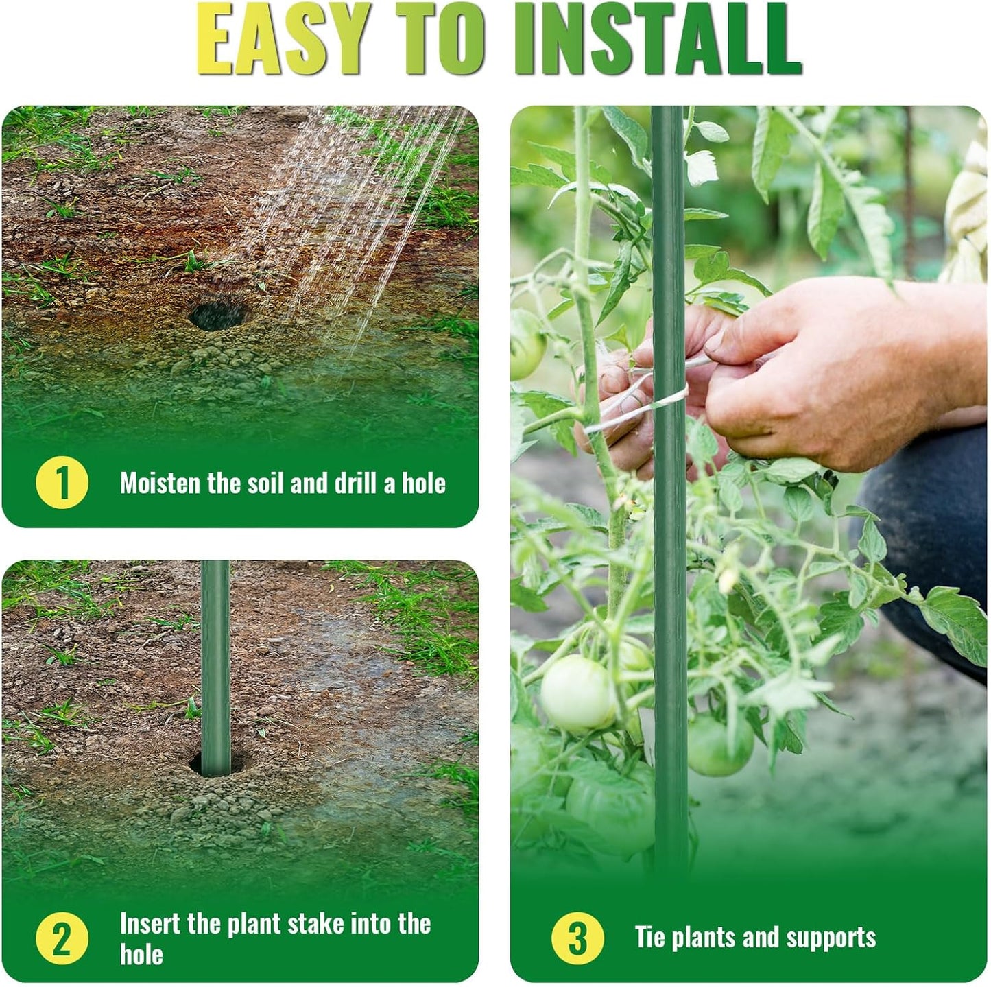 Premium Garden Stakes 58 Inch 5ft 25 Pack, Heavy Duty Tomato Plant Stakes for Outdoor Plants, Rust Resistant Metal Garden Poles and Sticks for Vegetables, Flowers, and Climbing Plants (green, 58 Inch)