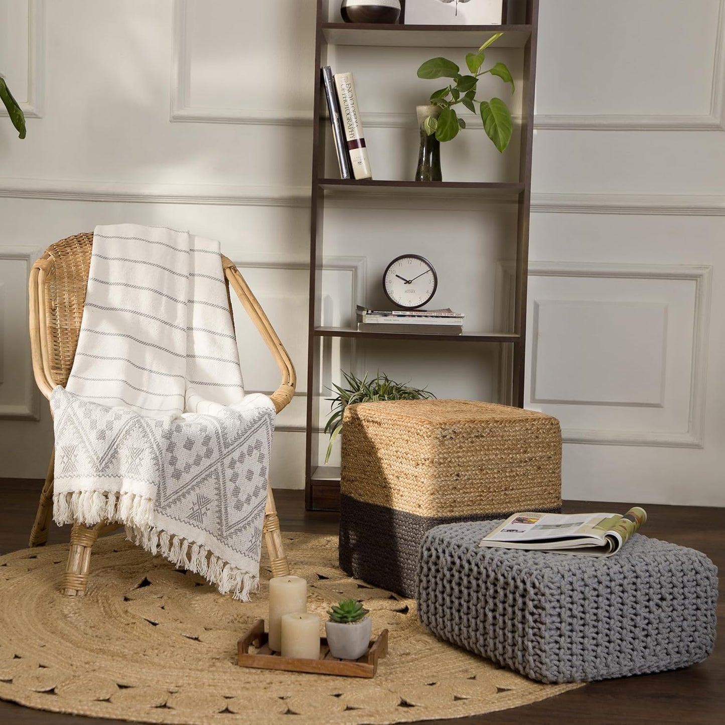 REDEARTH · Cube Low Pouf Foot Stool Ottoman - Hand Knitted Poof - Cord Boho Pouffe - Home Décor - Stuffed Footrest for Living Room - Nursery - Bedroom - Patio (16" x 16" x 8") - Light Gray