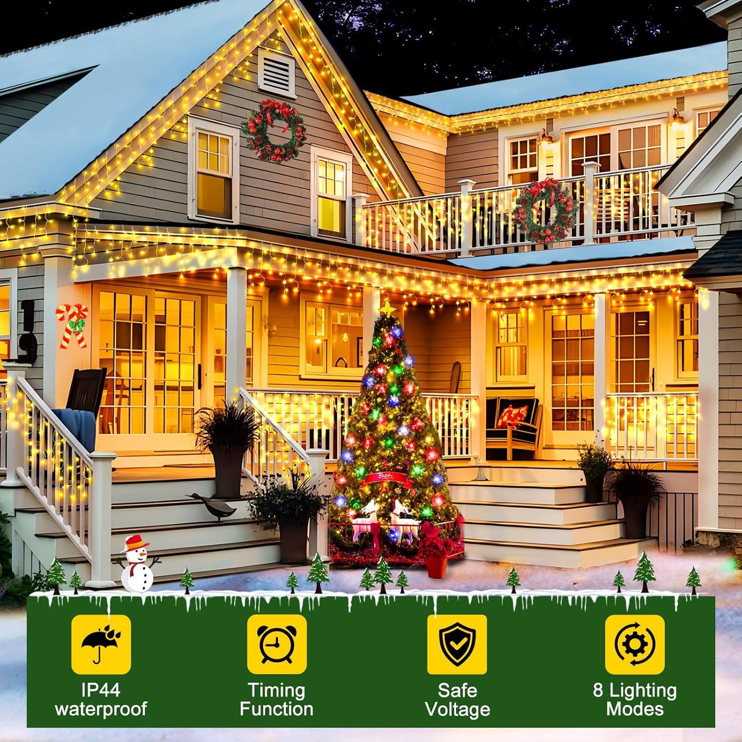 KNONEW 99ft 960 LED Christmas Lights Outdoor Decorations with 180 Drops, 8 Modes Curtain Fairy Light, Clear Wire LED String Light Indoor Decor for Wedding Party Christmas(Warm White)