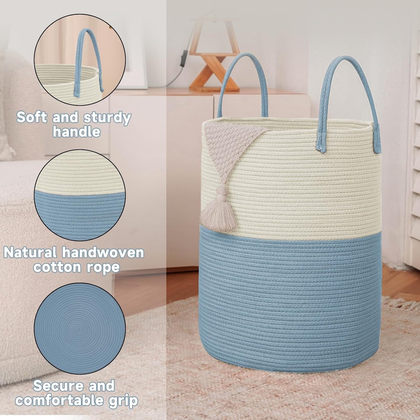 Large Woven Laundry Basket Hamper,80L Cotton Rope Storage Bin for Blankets,Toys and Clothes,Decorative Tall Nursery Hamper for Living Room,Baby Nursery,Bathroom and Bedroom,White and Blue