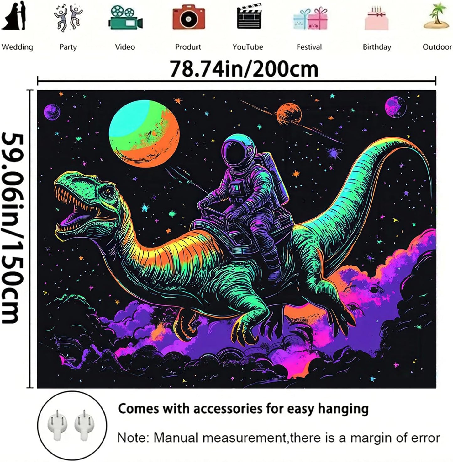 Starlit Patio Blacklight Funny Space Astronaut Dinosaur Tapestry Glow in The Dark UV Reactive Wall Hanging Tapestry Trippy Space Art Poster for Men Guys Room Bedroom Decor 78 x 59 Inches