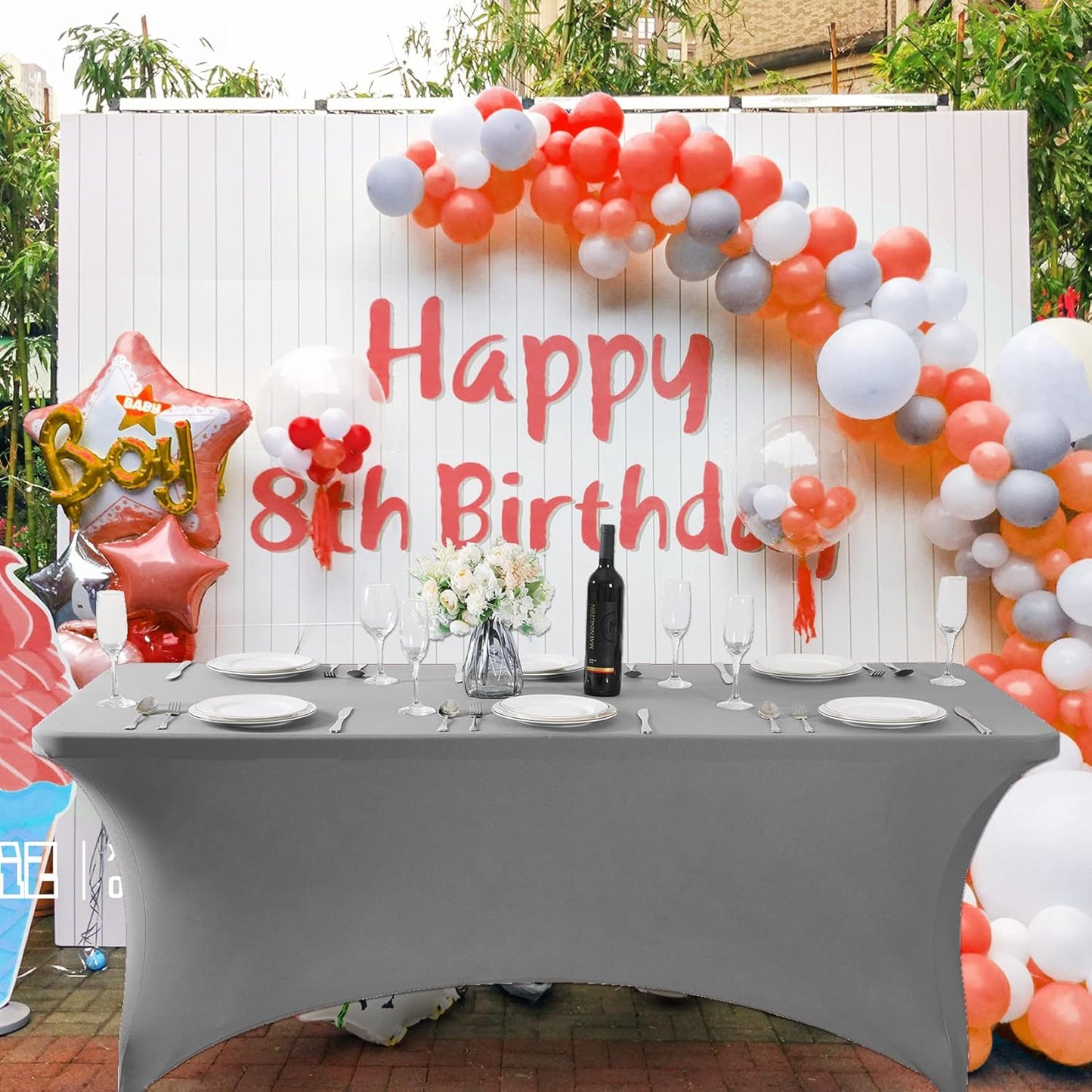 SuperO 2Pack Waterproof Spandex Table Cover for 8FT Table Universal Fitted Stretch Tablecloth for Party, Banquet, Wedding and Events-Gray