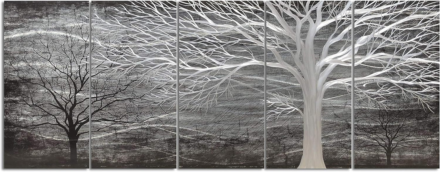 Yihui Arts Tree Metal Wall Art for Living Room Black Grey Silver Color Pictuers for Decor