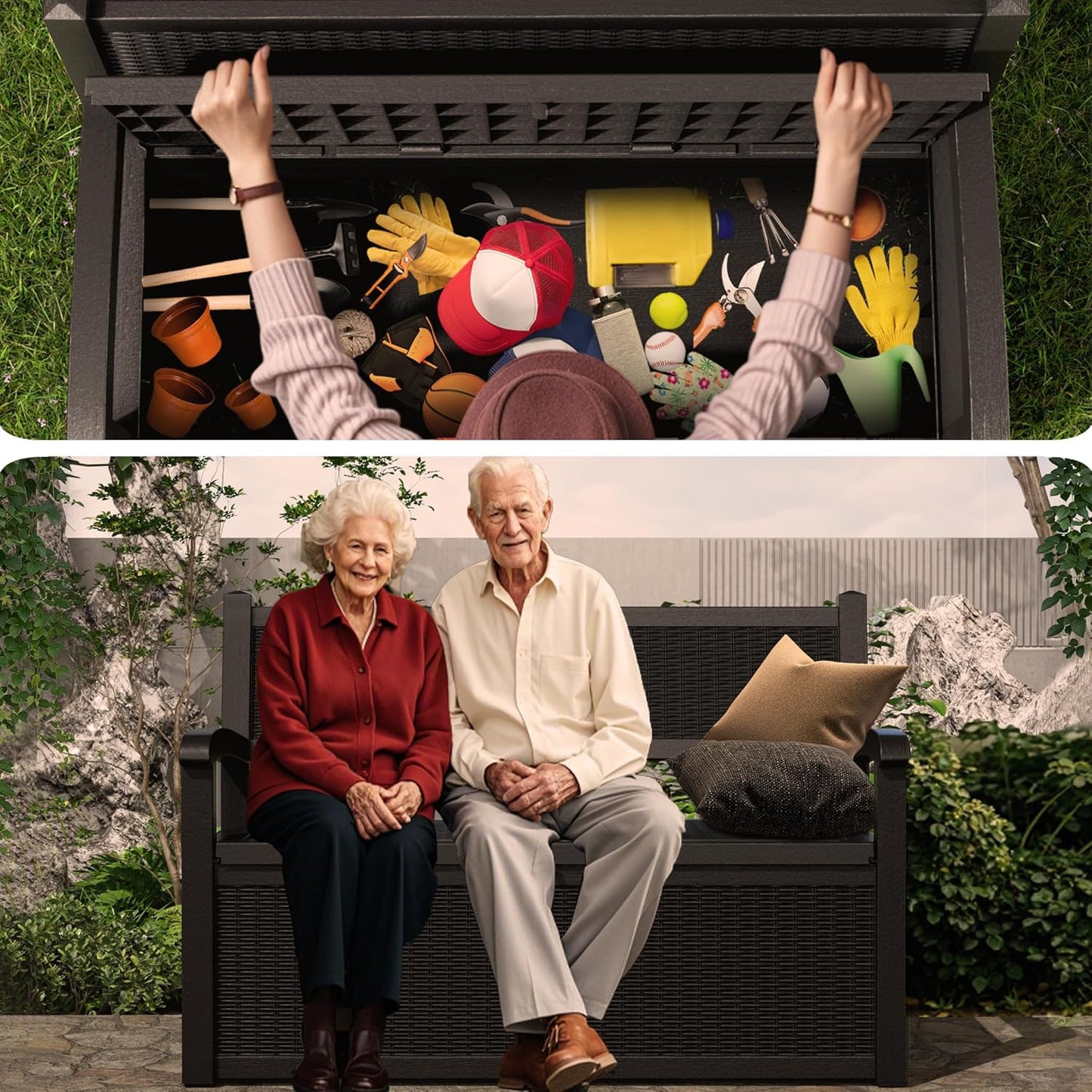 80 Gallon Storage Bench Deck Box Waterproof Lockable,Outdoor Storage Furniture for Patio,Garden and Porch,Tools and Cushions(Black)