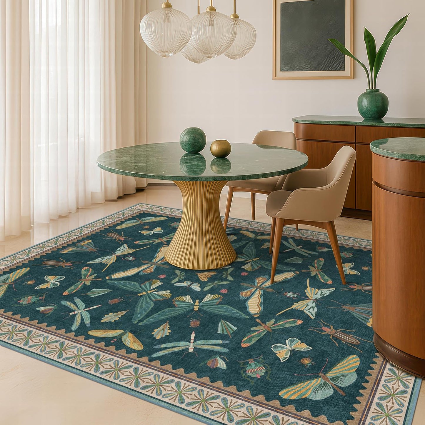 Insect Teal Green 5x7 Area Rug for Living Room - Cottage Core Rug for Bedroom, Dining Room, Kids Playroom, Home Office, Floral Vintage Whimsical Butterfly Washable Non Slip Floor Décor