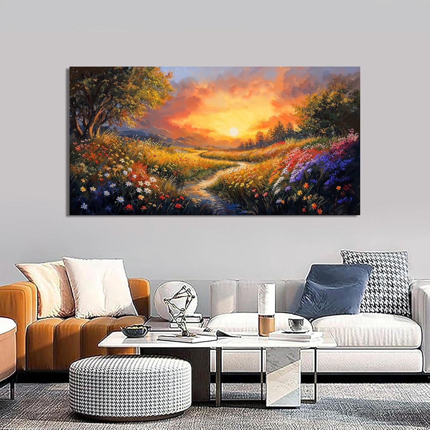 Canvas Wall Art Decor Wall Art Pictures for Living Room Large Vintage Landscape Wall Art Prints Canvas Art Wall Decor Wildflower River Artwork for Walls Bedroom Home Aesthetic Wall Art Decor 24" X 48"