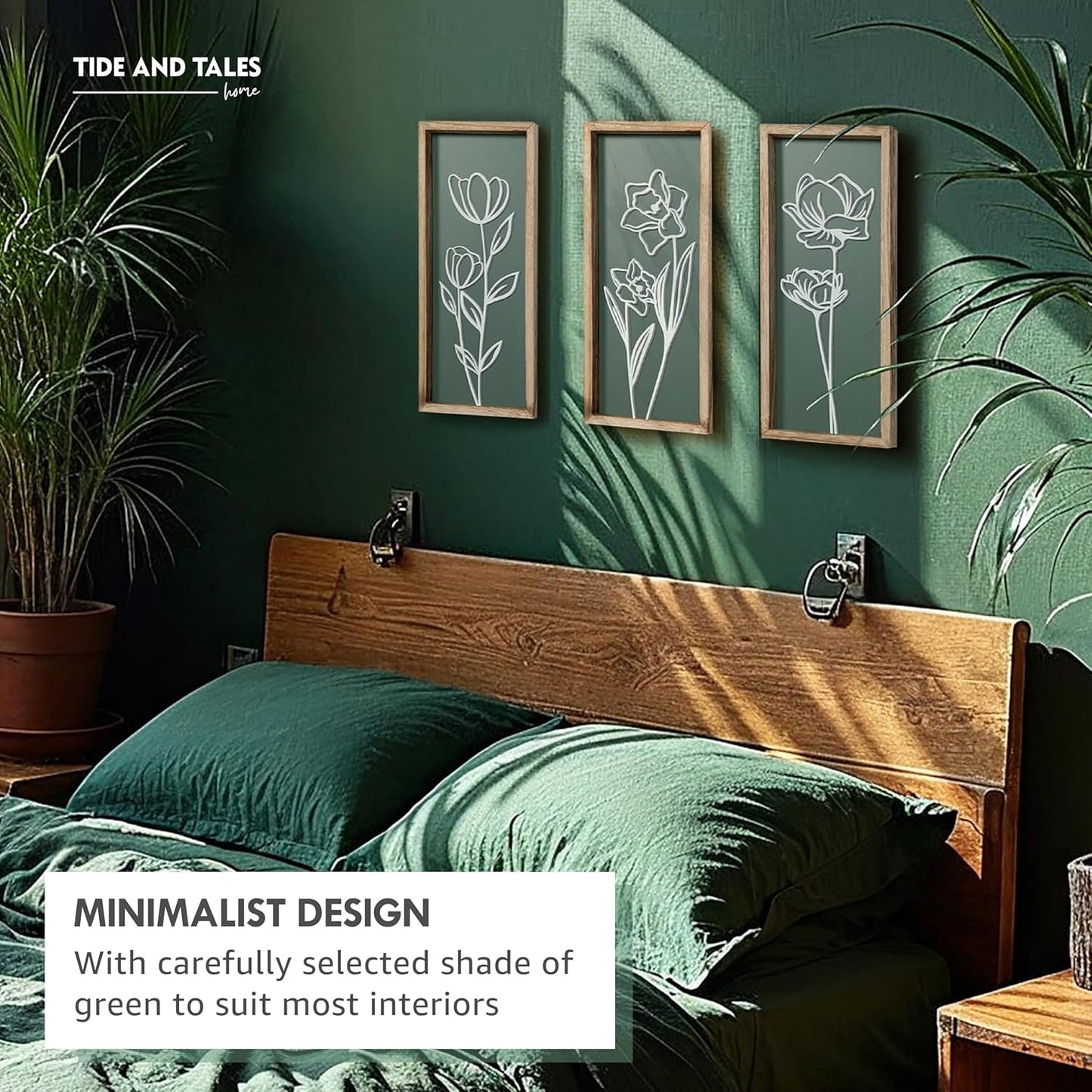 3D Floral Green Wall Art (Set of 3) Lightweight, Wooden Ready-to-Hang Boho Framed Wall Art for Bathroom, Master Bedroom, Living Room or Office - Premium Sage Green Farmhouse Decor - Gift-Boxed