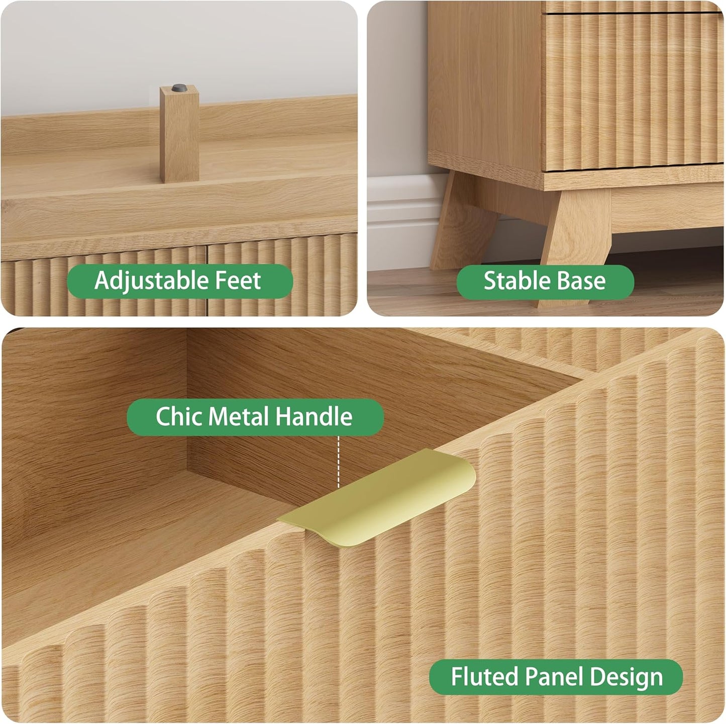 Fluted Dresser for Bedroom with 6 Drawers, 48" Wide Modern Chest of Drawers with Metal Handle, Wooden Dresser TV Stand, Wood Closet Clothes Storage Organizer for Living Room, Hallway, Natural Oak