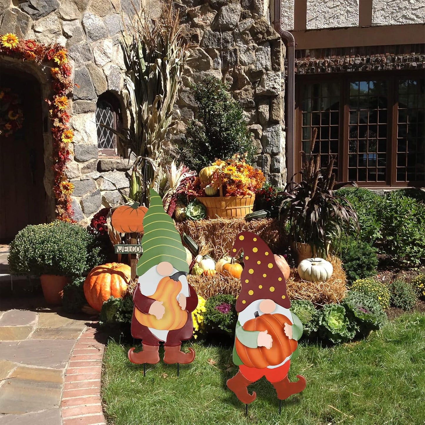 YEAHOME Fall Decorations for Home Outdoor, 2 Pack 25" Decorative Garden Stakes with Gnomes Pumpkin for Fall Decor, Metal Yard Signs for Outside Garden Lawn Porch Patio Thanksgiving Decorations