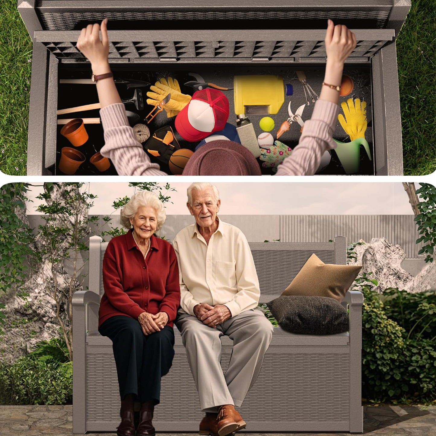 80 Gallon Storage Bench Deck Box Waterproof Lockable,Outdoor Storage Furniture for Patio,Garden and Cushions(Gray)