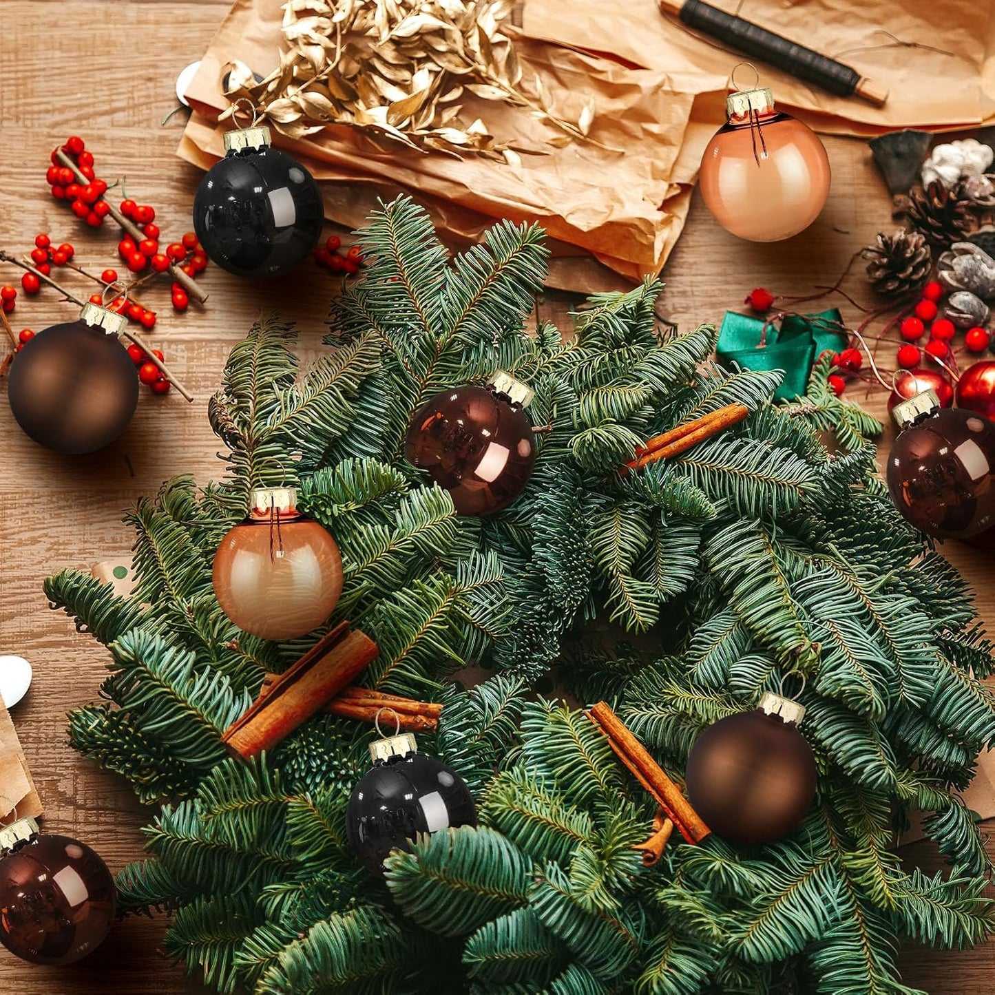 Tioncy 32 Pcs 1 Inch Mini Glass Christmas Ornaments Balls Shiny Christmas Balls Tiny Tree Hanging Decoration Small Colorful Ball Pendant for Xmas Party Supplies(Multi Brown, Black)