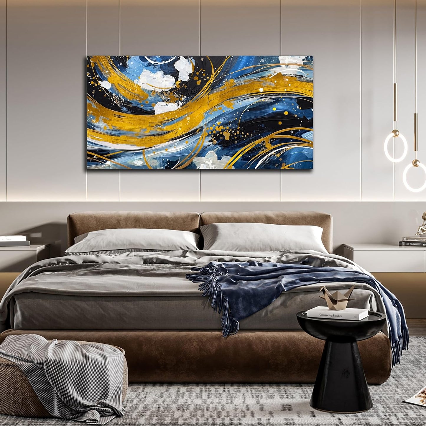 ENTANUB Abstract Canvas Wall Art for Living Room, Gold and Blue Wall Decor for Bedroom, Print Paintings Artwork, Size 29x59 Inches