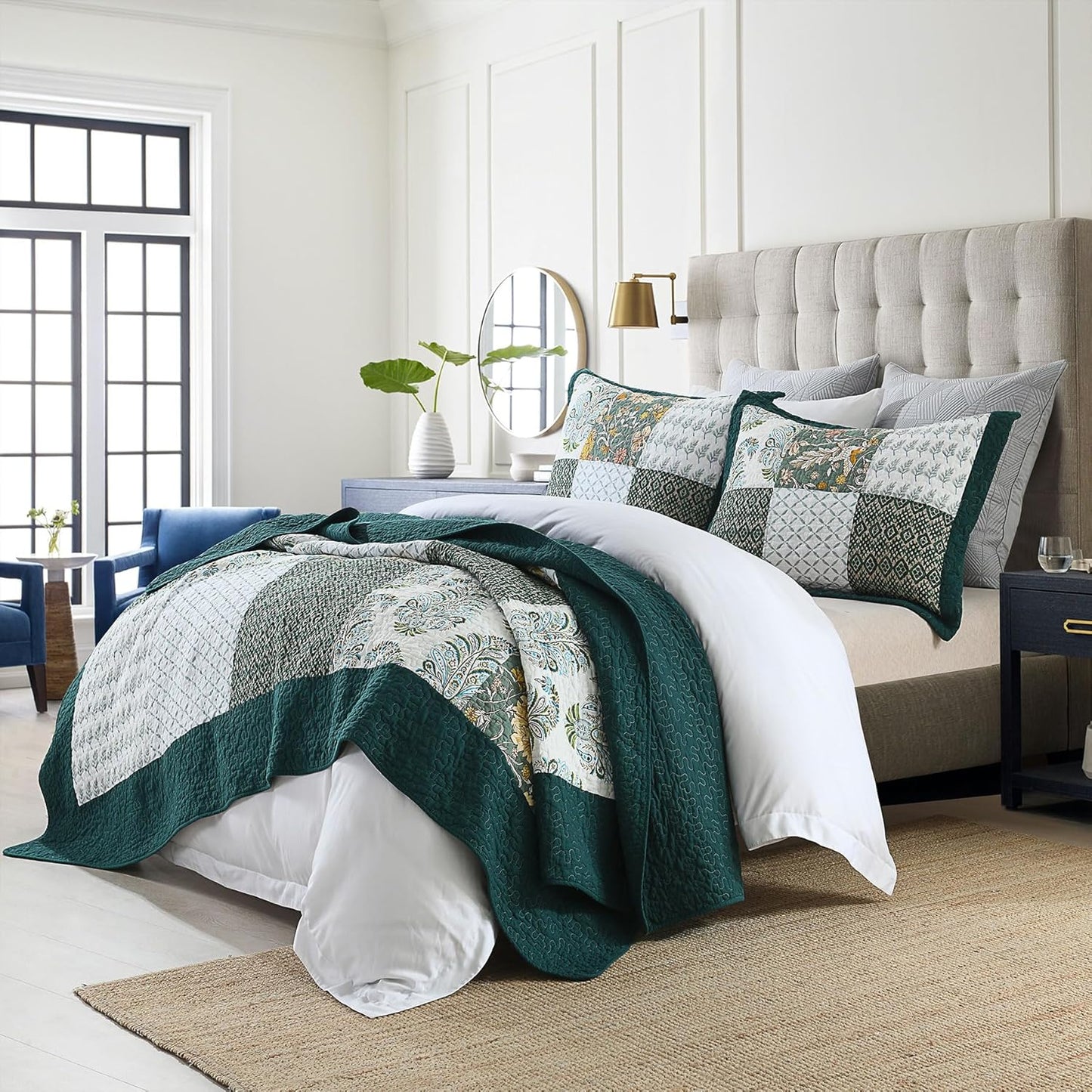 Secgo Queen Comforter Set for Bed - 100% Cotton Quilts Queen Size, Green, Emerald Bedspreads (90 * 98 Inch) with 2 Pillow Shams, Patchwork Reversible Lightweight Bedding