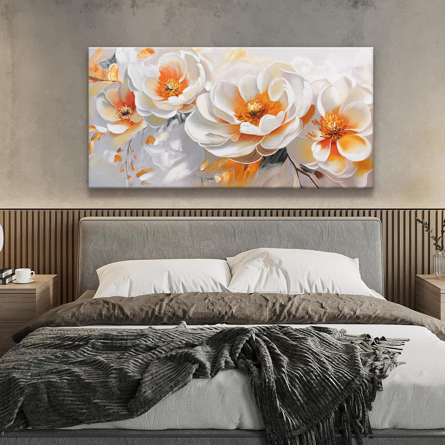 Suconvng Canvas Art Wall Decor Floral Wall Art For Living Room Modern Canvas Painting Prints Pictures Orange White Flower Wall Art Picture For Bedroom Hotel Home Wall Decor 24 X 48 Inch