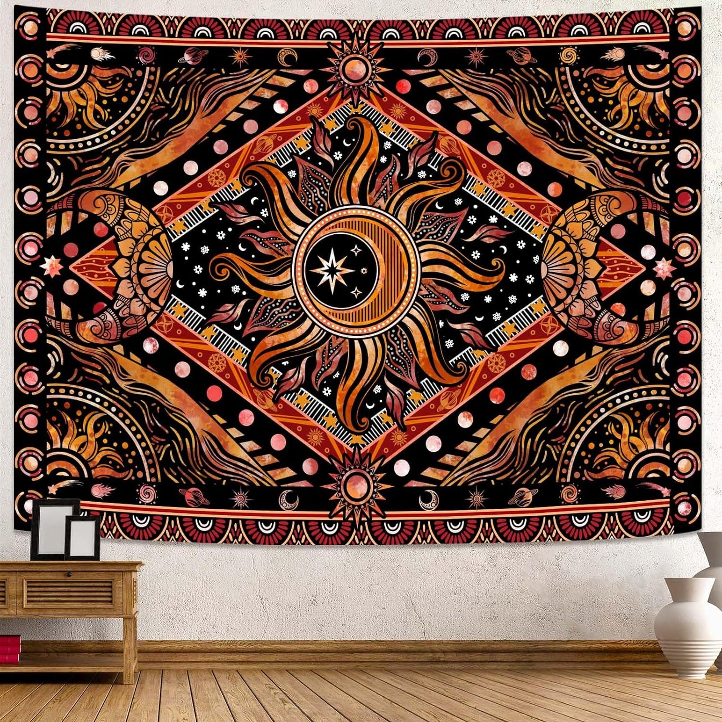 Lunerfex Hippie Sun and Moon Tapestry Bohemian Celestial Tapestry Aesthetic Tapestries for Bedroom and Living Room Decor Sun and Moon 44×60 Inches