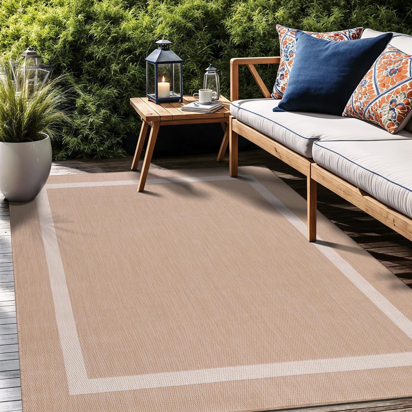 Bordered Outdoor Rug 9x12 Washable Outside Carpet for Indoor Patio Porch Waterproof Easy Cleaning Non Shedding Area Rugs Beige 9 x 12