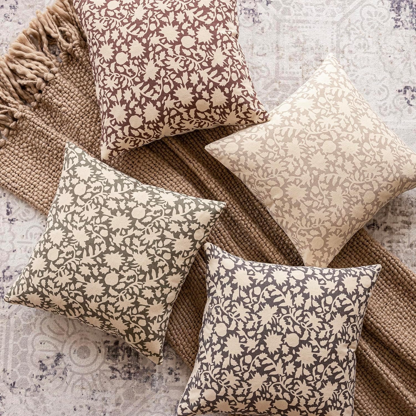 Foindtower Set of 2 Decorative Neutral Floral Throw Pillow Covers Accent Farmhouse Cushion Covers Boho Vintage Pillowcase for Couch Sofa Bedroom Living Room Home Decor Outdoor,24×24 Inch,Rustic Gray