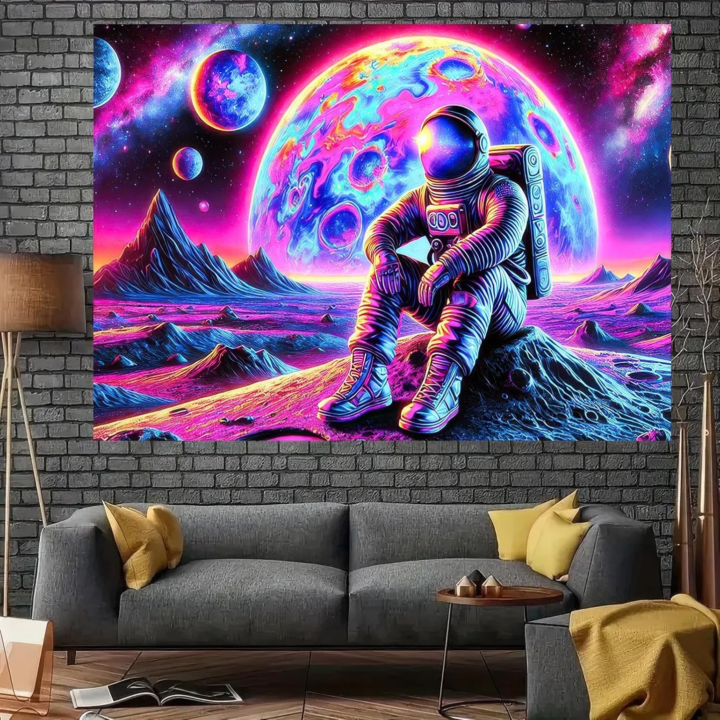 BlissYard Blacklight Tapestry Astronaut in Cosmic Landscape 78x59 Inches Modern Wall Art for Bedroom