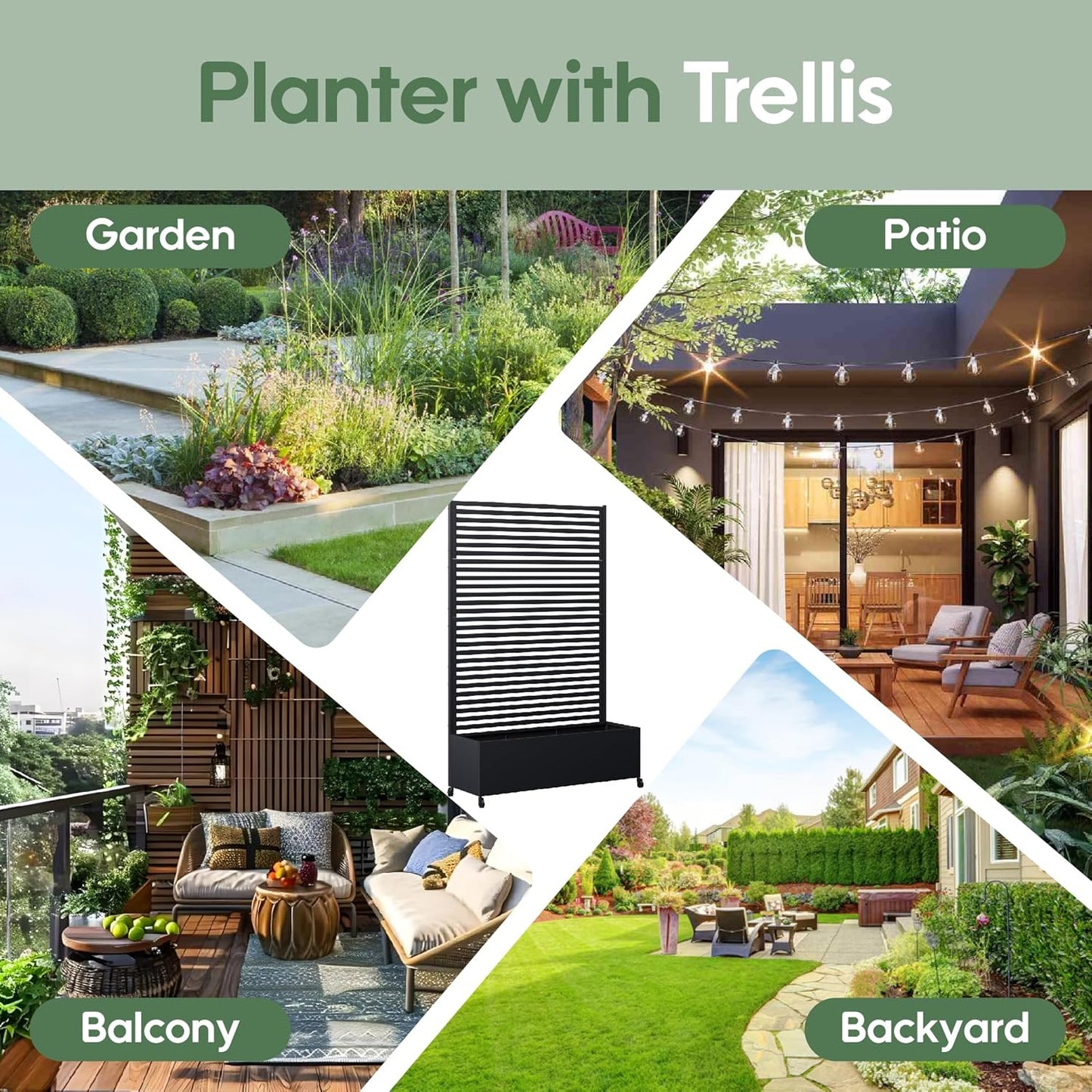 Metal Planter Box with Trellis Privacy Screen, Raised Garden Bed with Trellis & Wheels, Privacy Planters for Patio, Planter Box with Drainage Holes for Climbing Plants, Flower, 73"x 47"x 16", Black