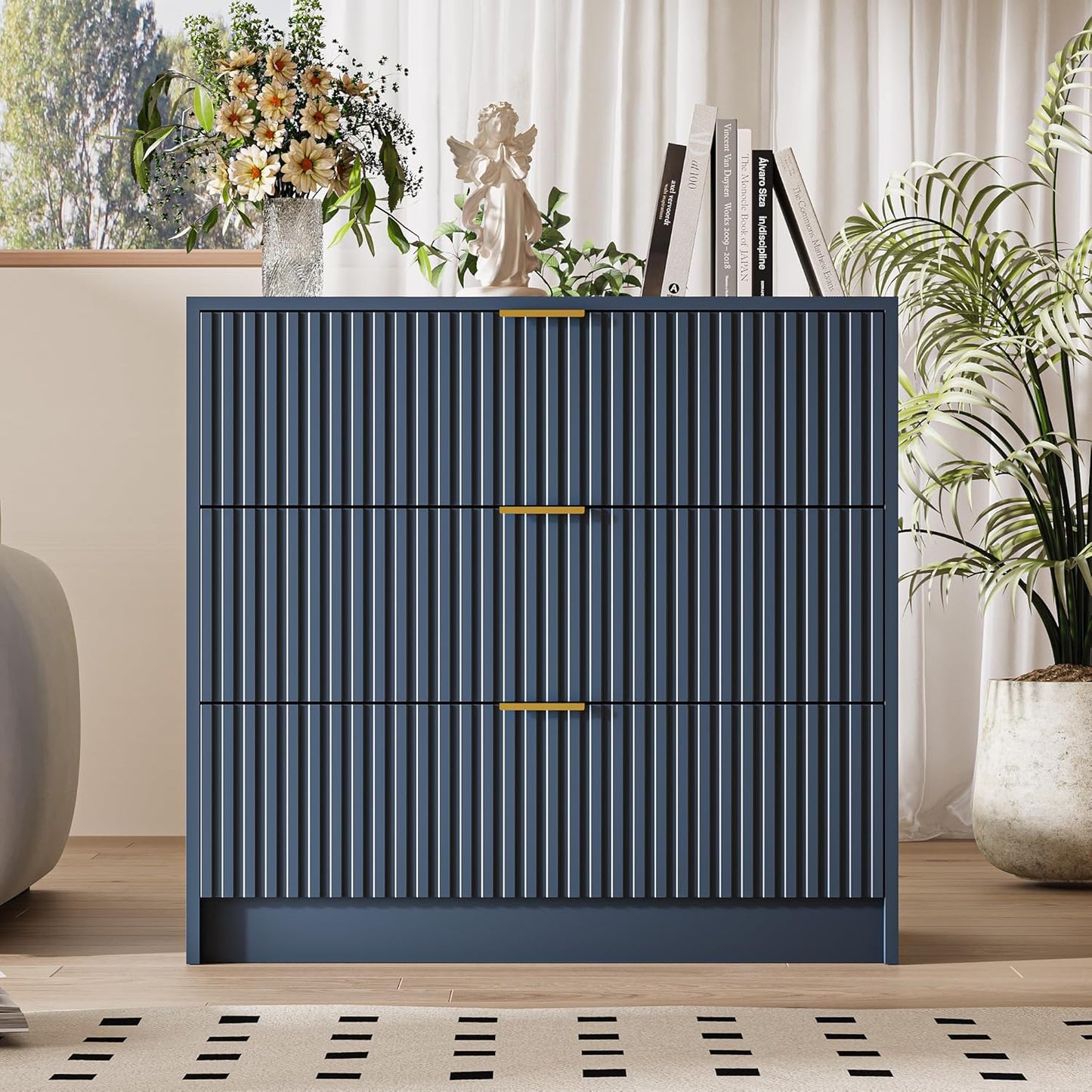 Fluted Dresser for Bedroom, 32 Inch Wide Nightstand with Large Drawer, 3 Drawer End Table for Bedroom, Living Rooms, Offices, and Entryways, Navy Blue