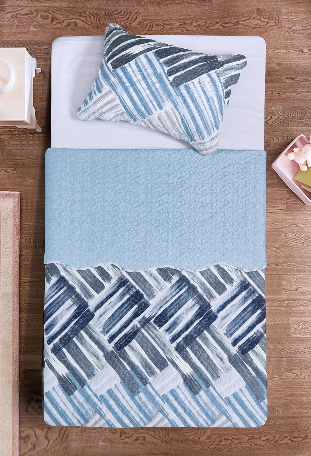 Brilliant Sunshine Blue and Grey Stripe Blocks Patchwork, 2-Piece Quilt Set with 1 Sham, Reversible Bedspread, Soft Lightweight Coverlet, All-Season, Twin, Blue Grey