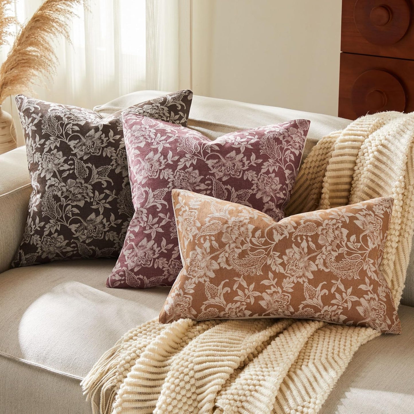 Floral Jacquard Throw Pillow Covers Set of 2, Background/Burgundy 24x24 Inch, Farmhouse Decorative Cotton Burgundy Cushion Covers for Sofa Bed Living Room Home Decor