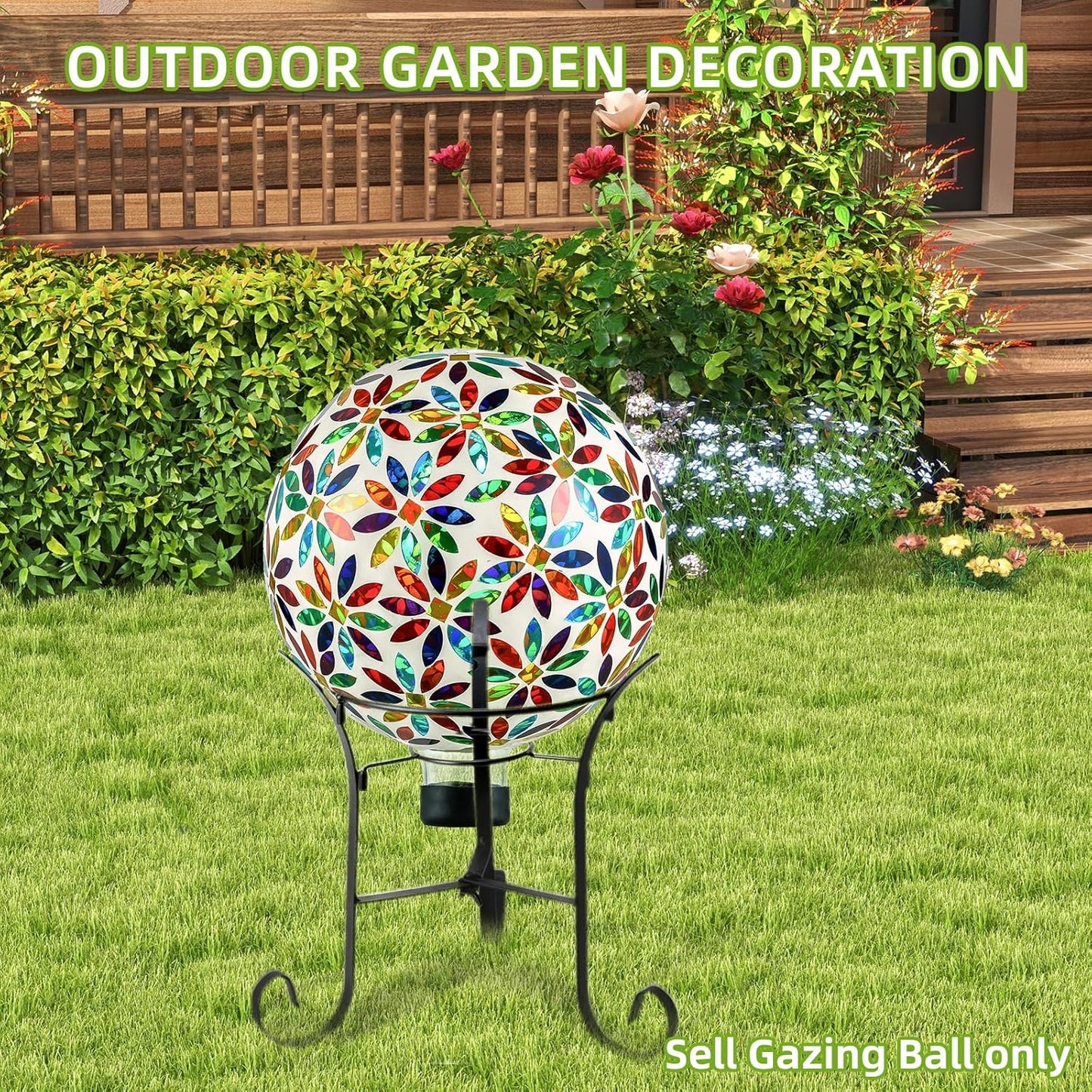 VOREEN Mosaic Glass Gazing Ball Outdoor Gazing Globe, Reflective Ball Yard Decoration for Homes, Patio, Lawn and Gardens, Gift for Mom Wife Friend, 10-Inch, Multi Colored Flowers Design