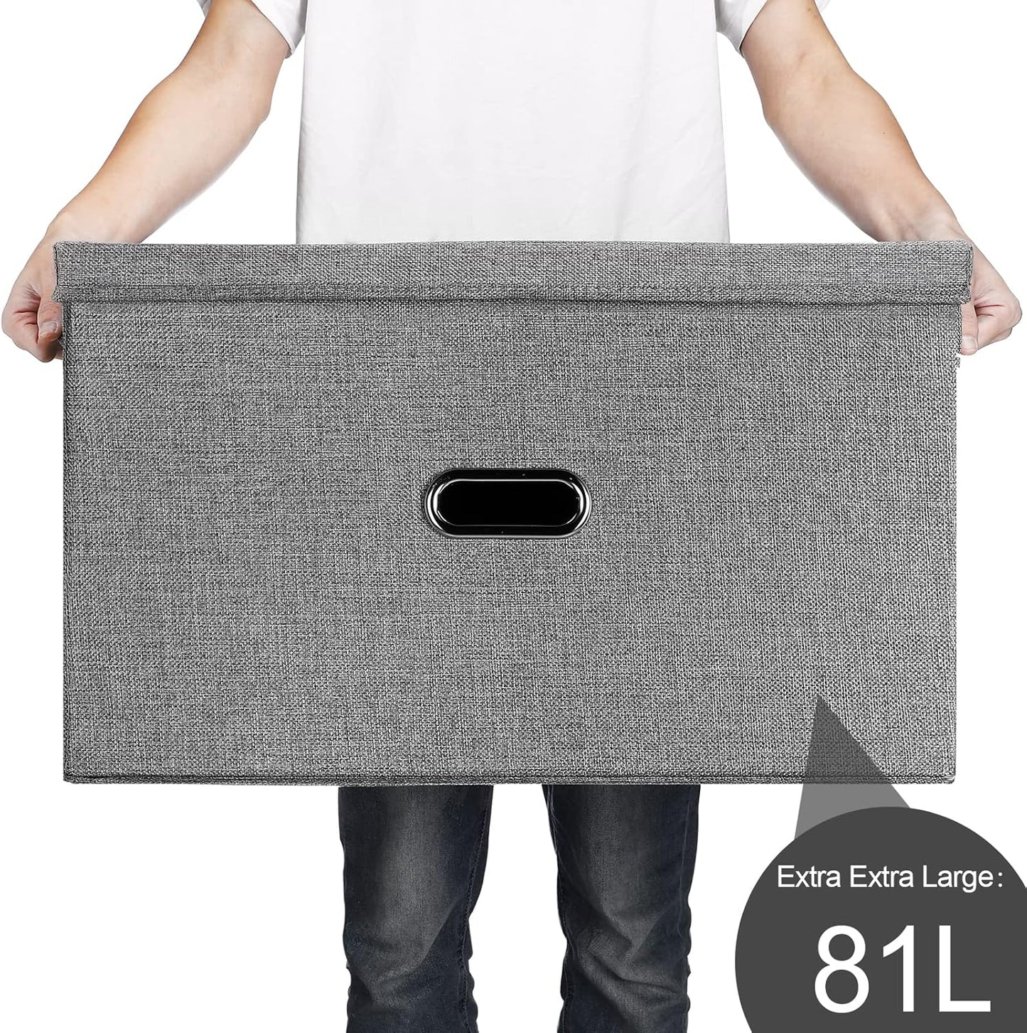 Large Linen Fabric Foldable Storage Bins with Removable Lid and Handles, Washable Storage Box Organizer Containers Baskets Cube with Cover for Bedroom,Closet,Office,Nursery (Khaki, XXL)