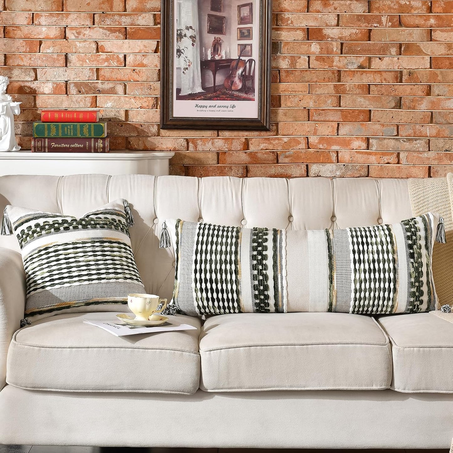 AmHoo Chenille Striped Textured Boho Throw Pillow Covers Aesthetic with Tassels Woven Decorative Pillow Case for Couch Bed Sofa Bedroom Modern Funky 18 x 18-Inch Sage Green