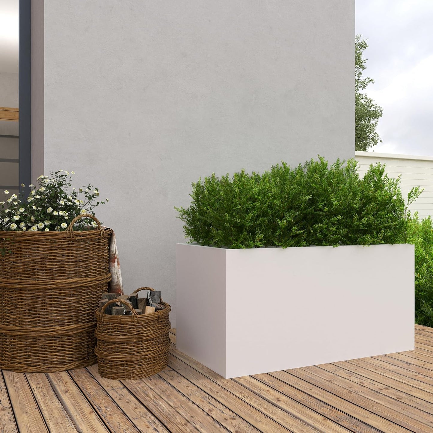 White Steel Planter Outdoor Indoor Planter Box Galvanized Steel Metal Large Planters Rectangular Flower Pot 31.5 In L x 16 In W x 16 In H Modern Commercial Residential for Trees Patio Deck Yard Garden