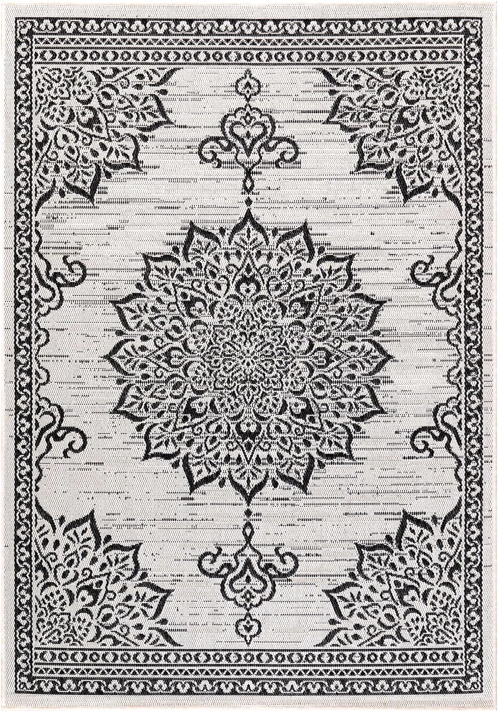 CAMILSON Outdoor Rug, 8x10 Medallion White Black Modern Area Rugs for Indoor and Outdoor Patios, Kitchen and Hallway Mats, Washable Porch Deck Outside Carpet (Medallion White, 8 x 10)