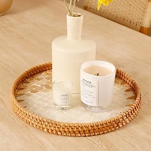 Round Rattan Tray with Mother of Pearl Inlay & Wooden Base - Decorative Wicker Serving Tray for Coffee/Bread/Fruits, Food Storage & Display - Multipurpose Home Decor (M,Fish Scales)