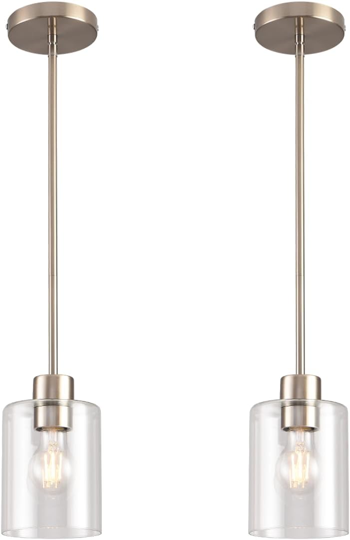 Brushed Nickel Pendant Lights,Modern Farmhouse Pendant Light,Light Fixture Kitchen Pendant Mini Hanging Light for Sink Island,Adjustable Height,Home Décor Lighting (Brushed Nickel 2 pack Stem Rod)