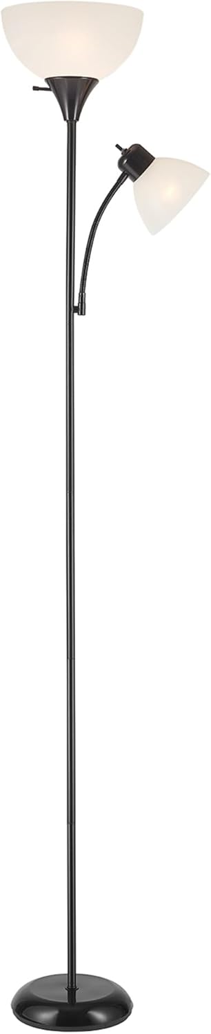 GLOBE Electric 67135 72" Torchiere Floor Lamp and Adjustable Reading Light, Matte Black, Frosted Shade, Dual Rotary Switch, 3-Step Dimming, Modern Lighting for Living Room or Office